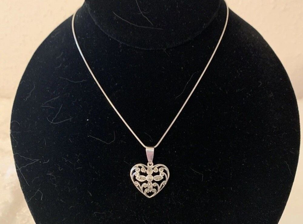 Vintage Sterling Silver Marcasite Filigree Heart Necklace 17”